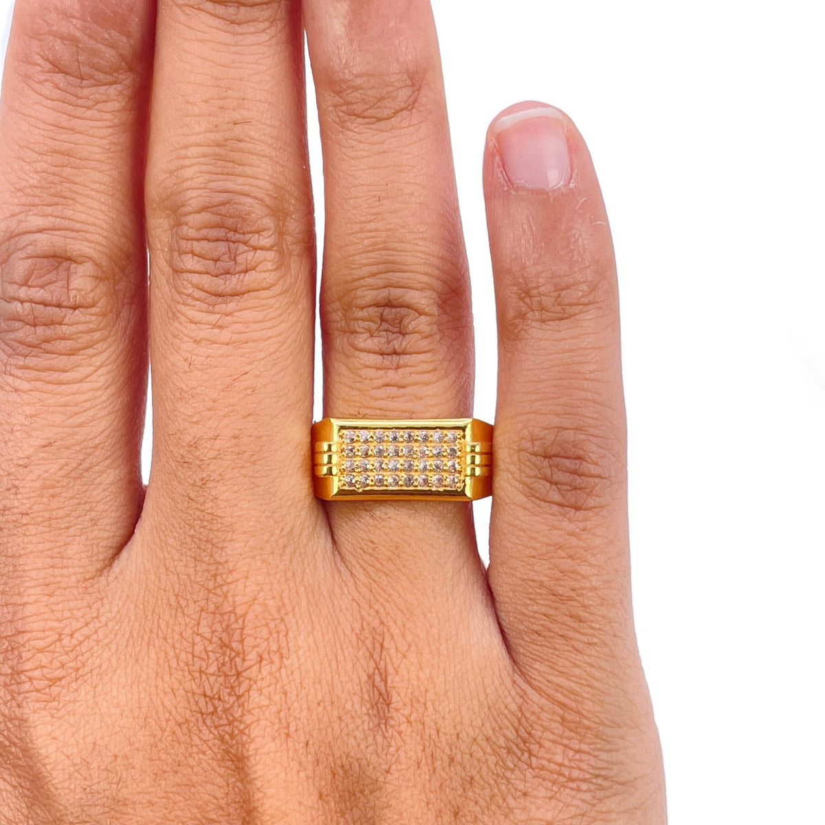 22ct Yellow Gold Cubic Zirconia Signet Ring Cluster Set Triple Groove Shoulders