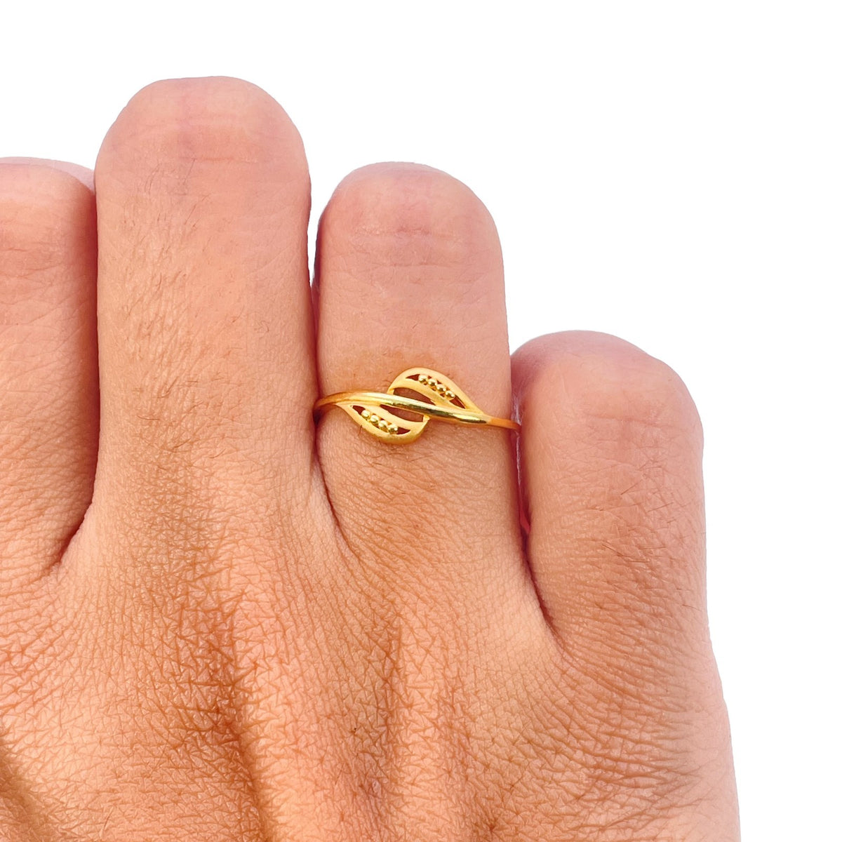 22ct Yellow Gold Crossover Leaf Ring Matte Finish Bead Detail