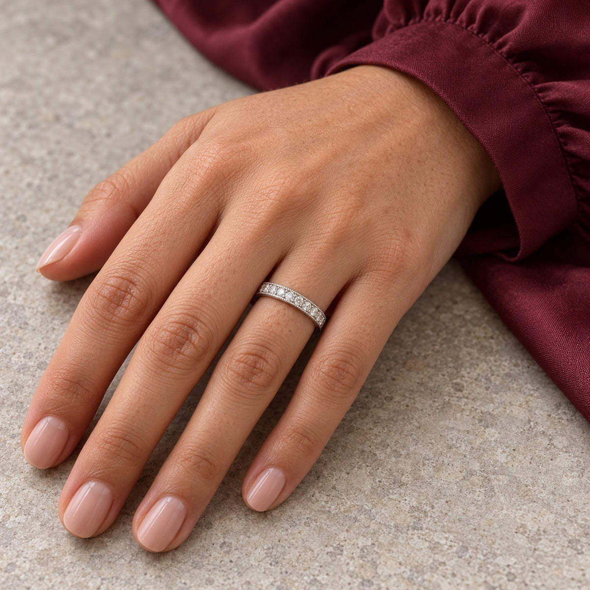 18ct white gold 0.39ct milgrain half eternity ring by Raina Jewels