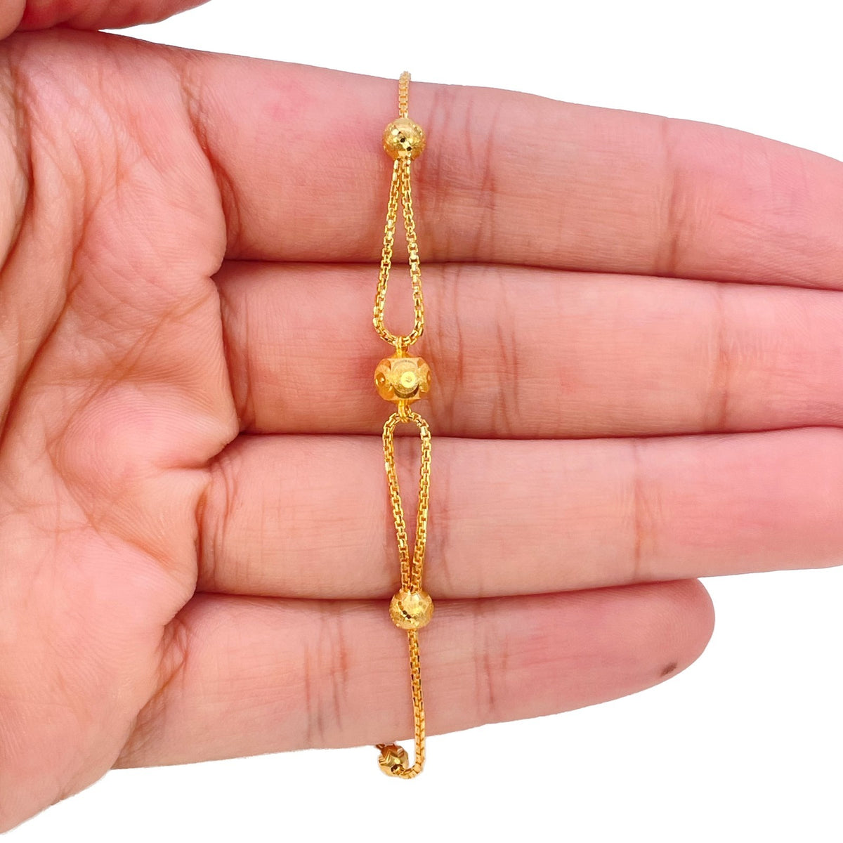 22ct Yellow Gold Station Bracelet Diamond Cut Beads Box Chain 7.5 Inches