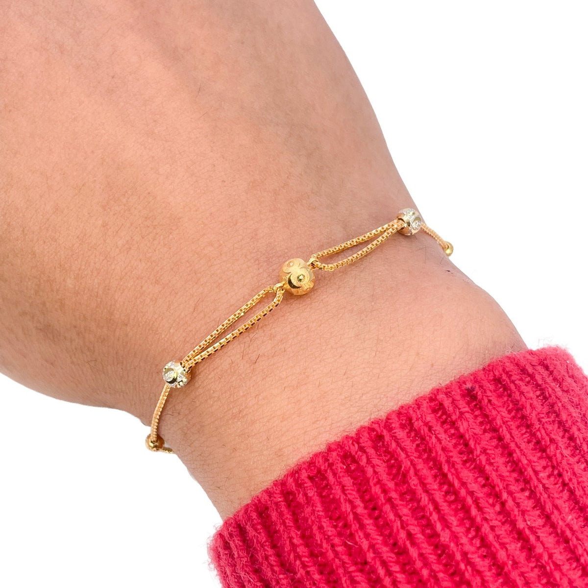 22ct Yellow Gold Two Tone Station Bracelet Diamond Cut Beads Box Chain 7.5 Inch