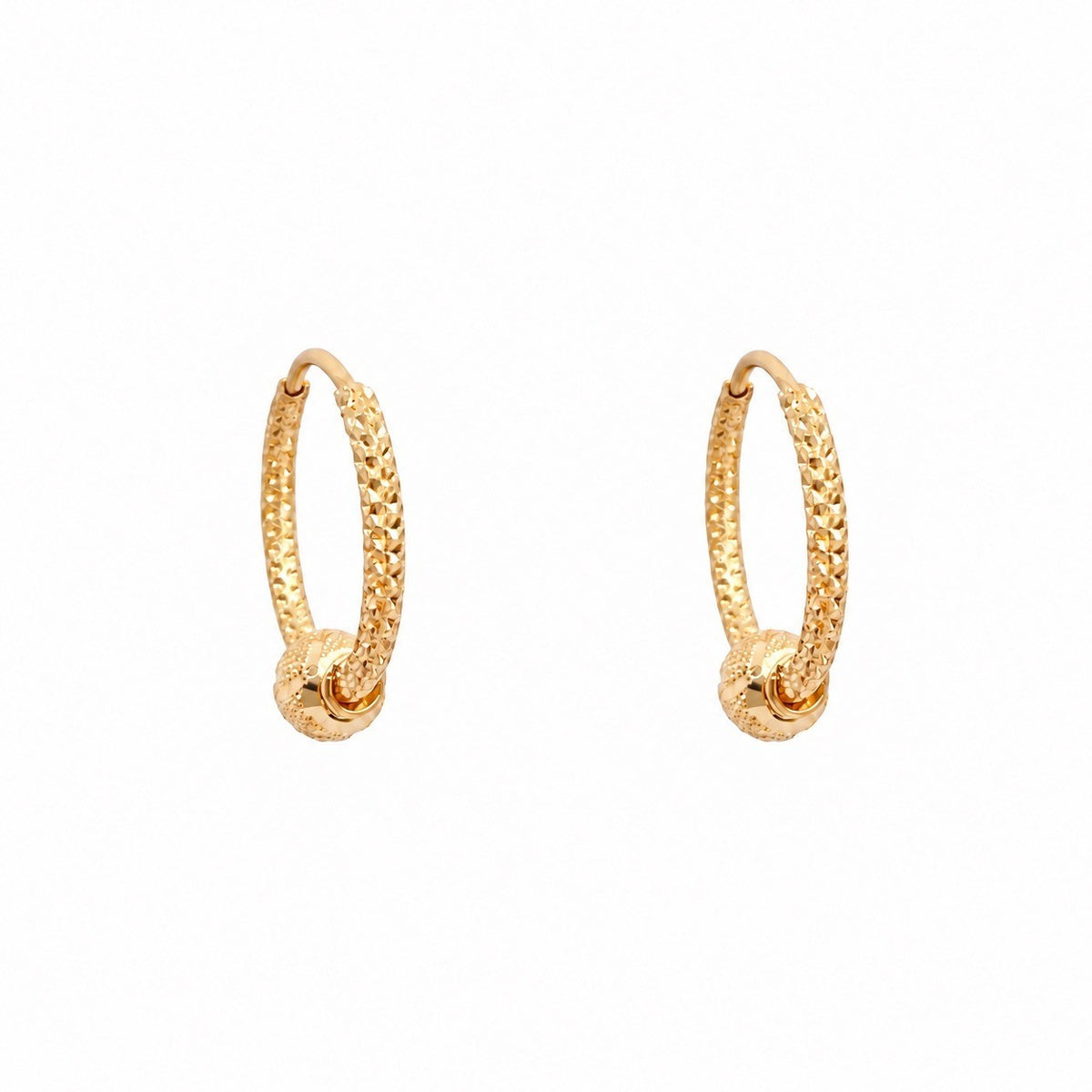22ct yellow gold sparkle textured hoop earrings with diamond cut bead charm, 13mm