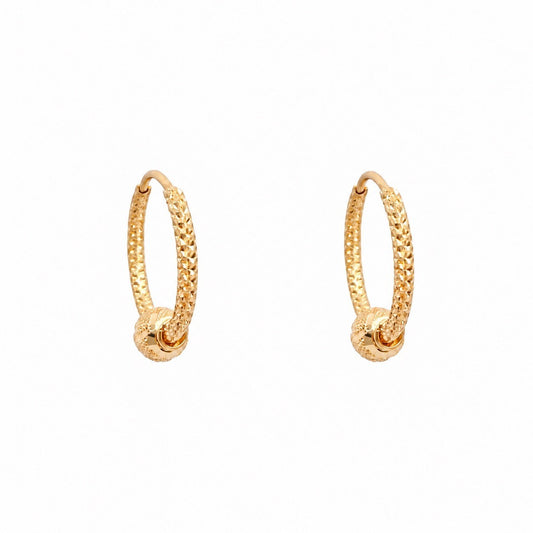 22ct yellow gold sparkle textured hoop earrings with diamond cut bead charm, 13mm