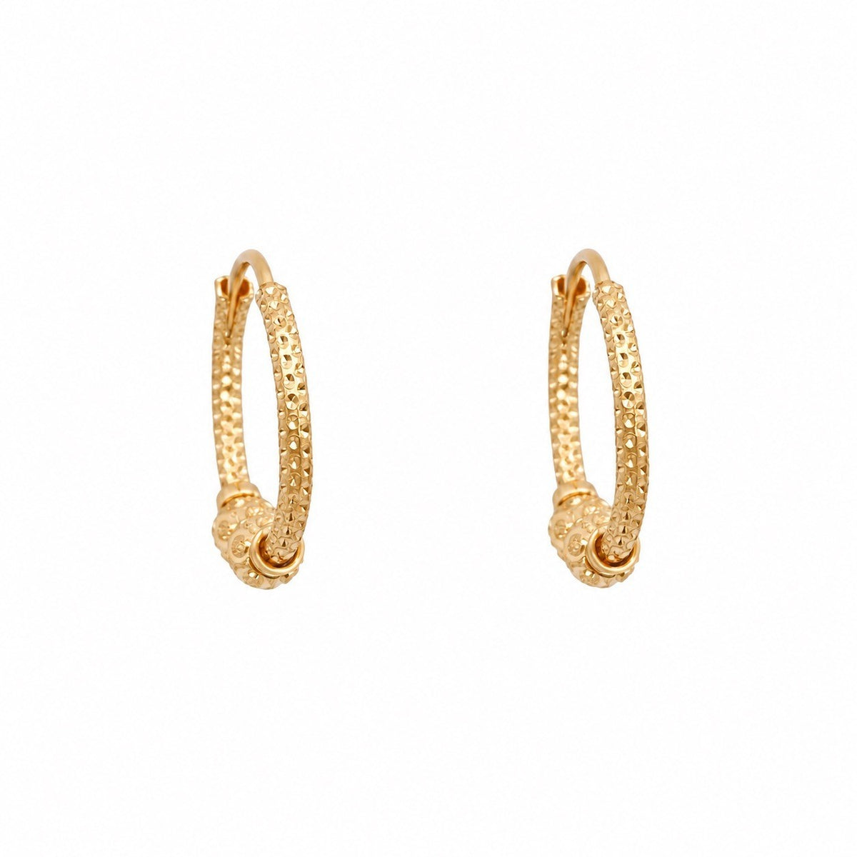 22ct yellow gold diamond cut textured hoop earrings with small bead charm, 13.5mm