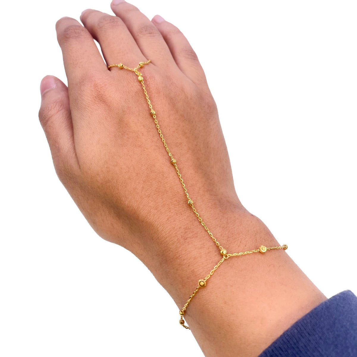 22ct Yellow Gold Hand Harness Bracelet Ring Chain Diamond Cut Bead Station