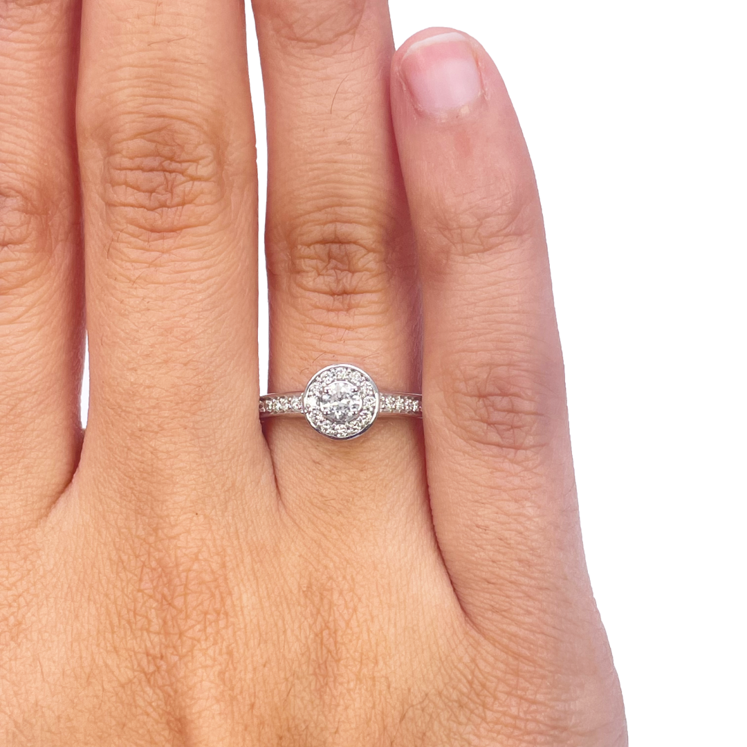 Ring 18 Karat Weißgold mit rundem, natürlichem Diamant-Pavé-Halo, 0,30 Karat