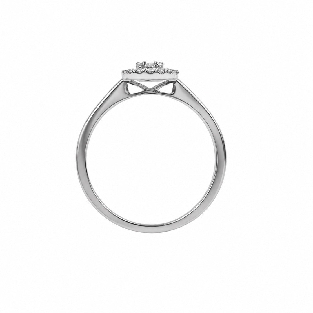 Close-up of round halo diamond cluster on 18ct white gold ring, 7.3mm head