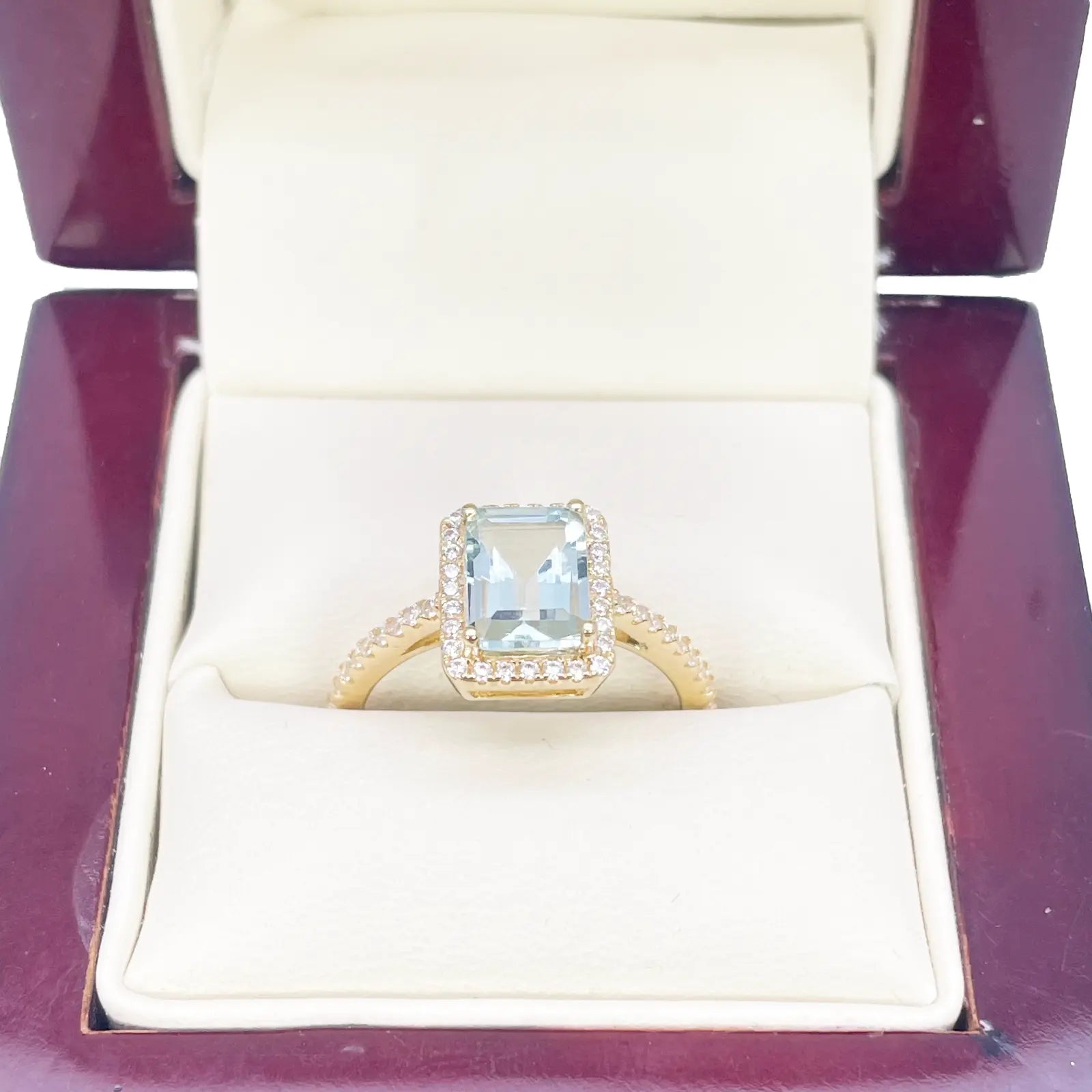 9ct Yellow Gold Emerald-Cut Aquamarine & Round Diamond Halo Ring 1.73ct 