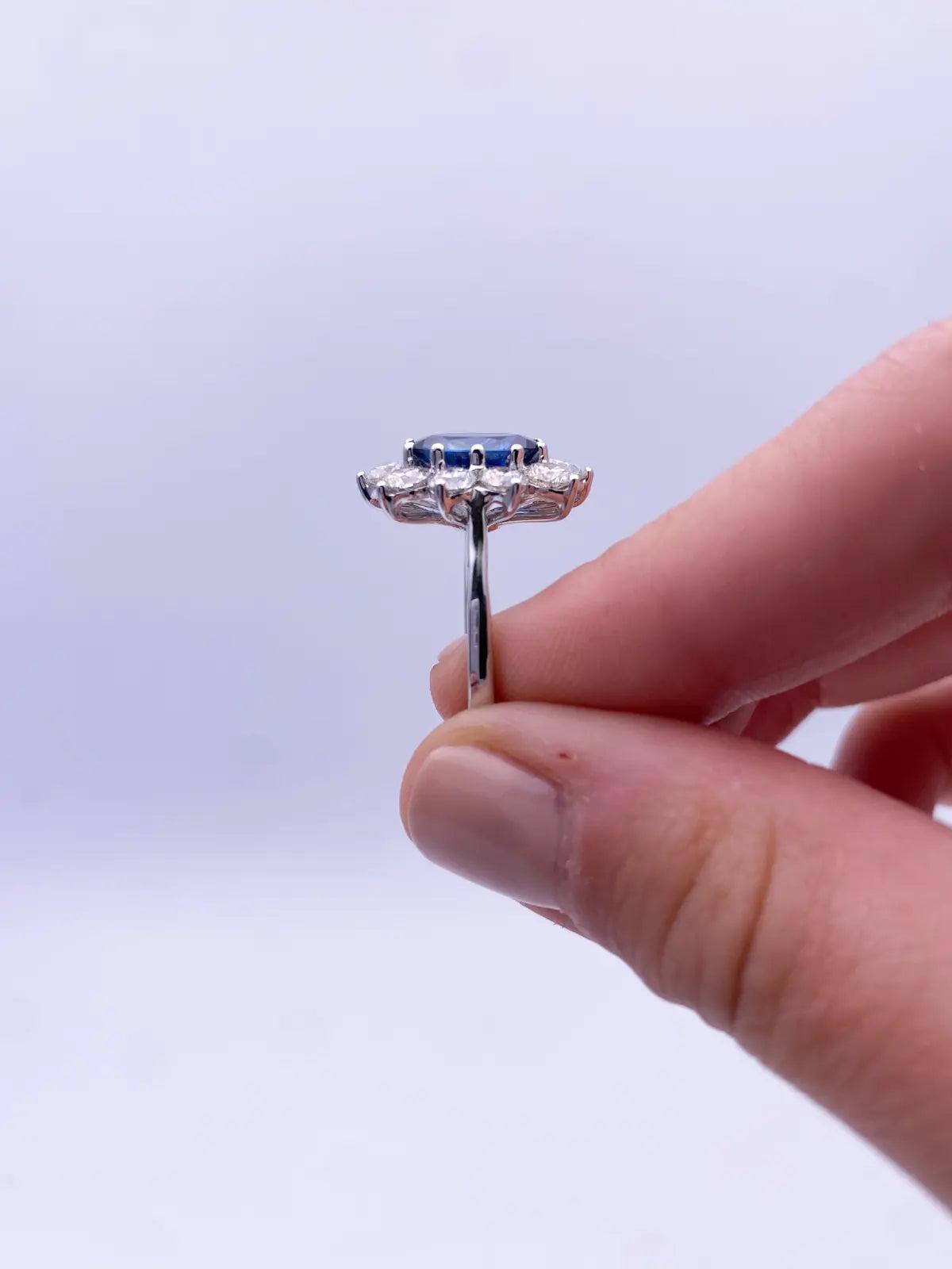 18ct White Gold Natural Blue Sapphire & Diamond Oval Cluster Ring 2.66 carats Raina Jewels