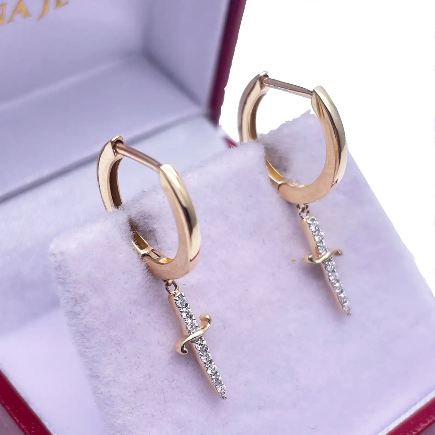 14ct Yellow Gold & Diamond Drop Sword Hoop Earrings 0.08ct 