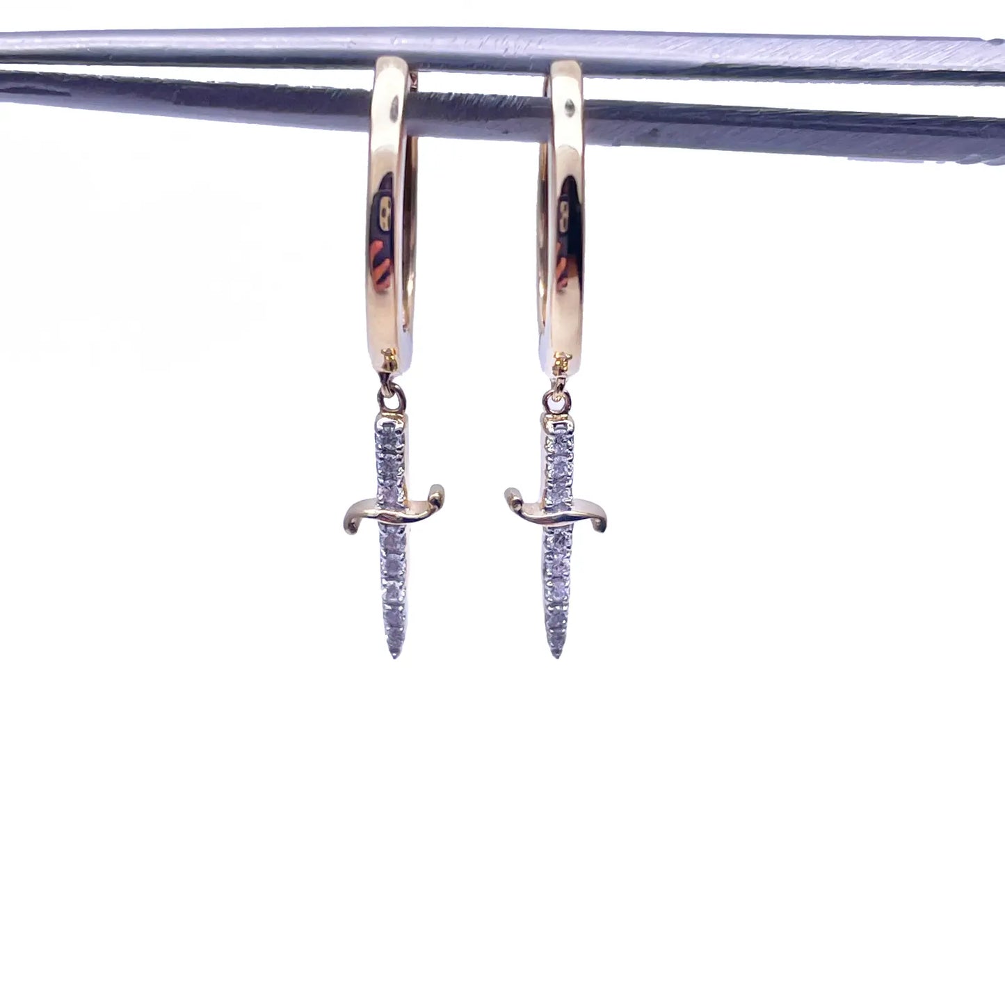 14ct Yellow Gold & Diamond Drop Sword Hoop Earrings 0.08ct 