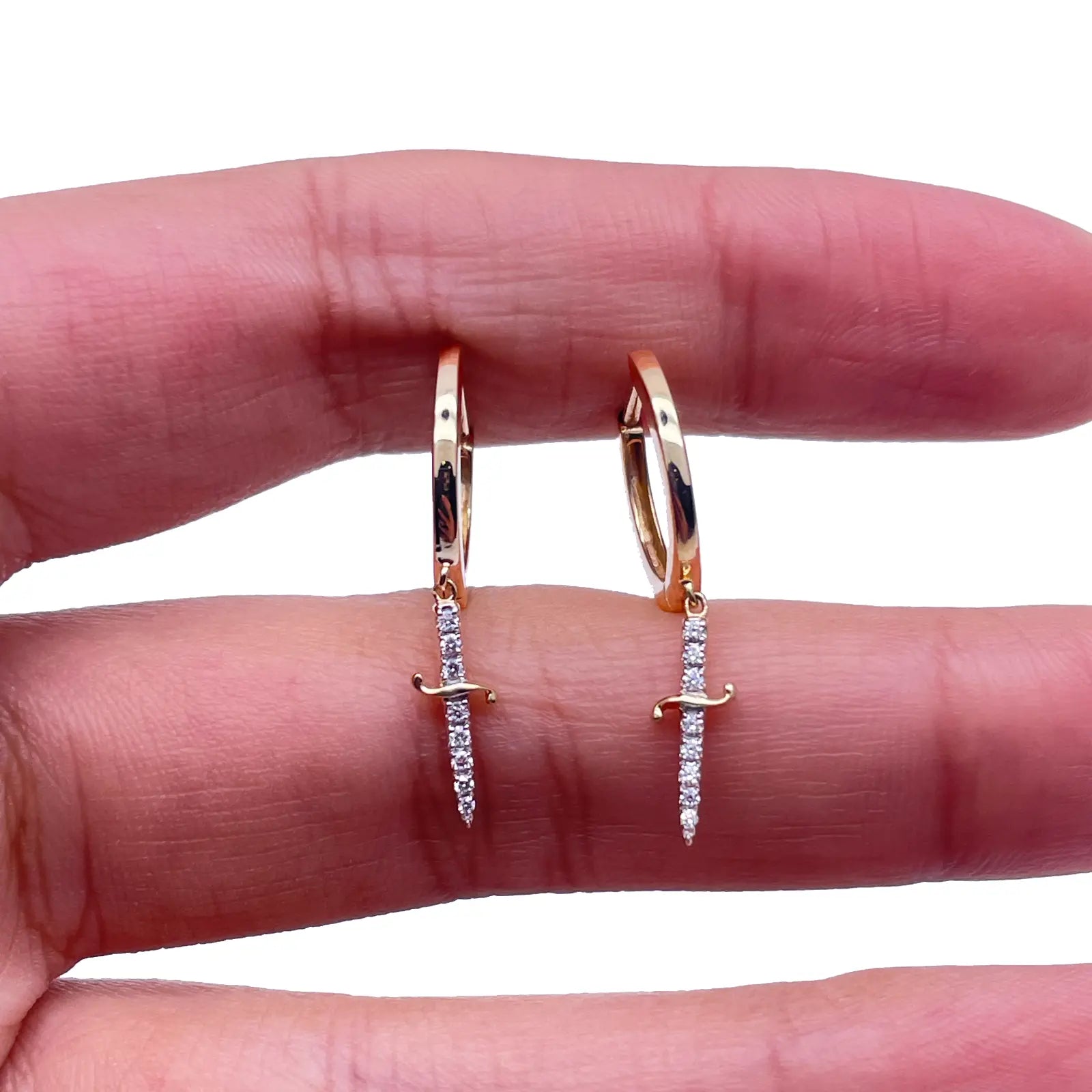 14ct Yellow Gold & Diamond Drop Sword Hoop Earrings 0.08ct 