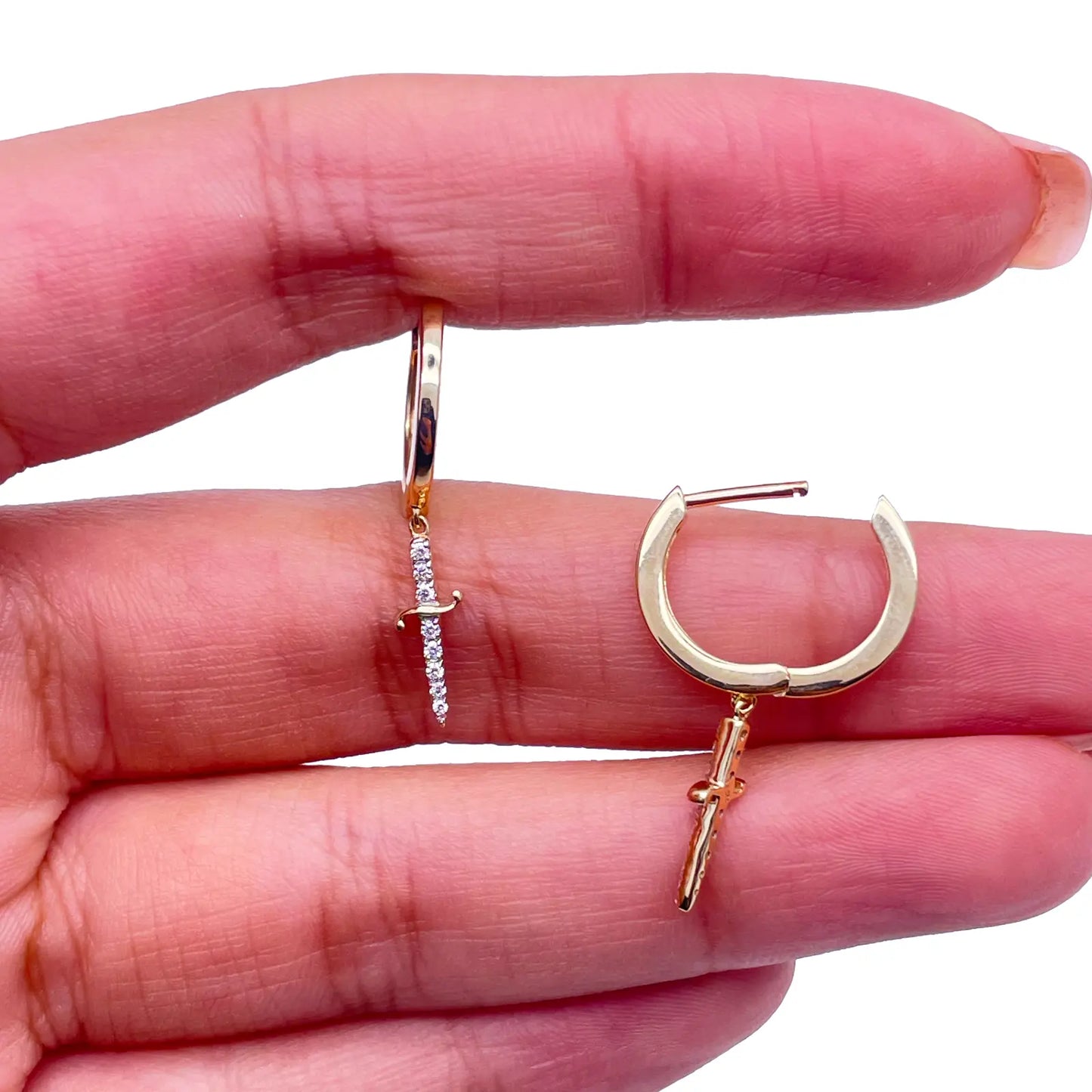 14ct Yellow Gold & Diamond Drop Sword Hoop Earrings 0.08ct 