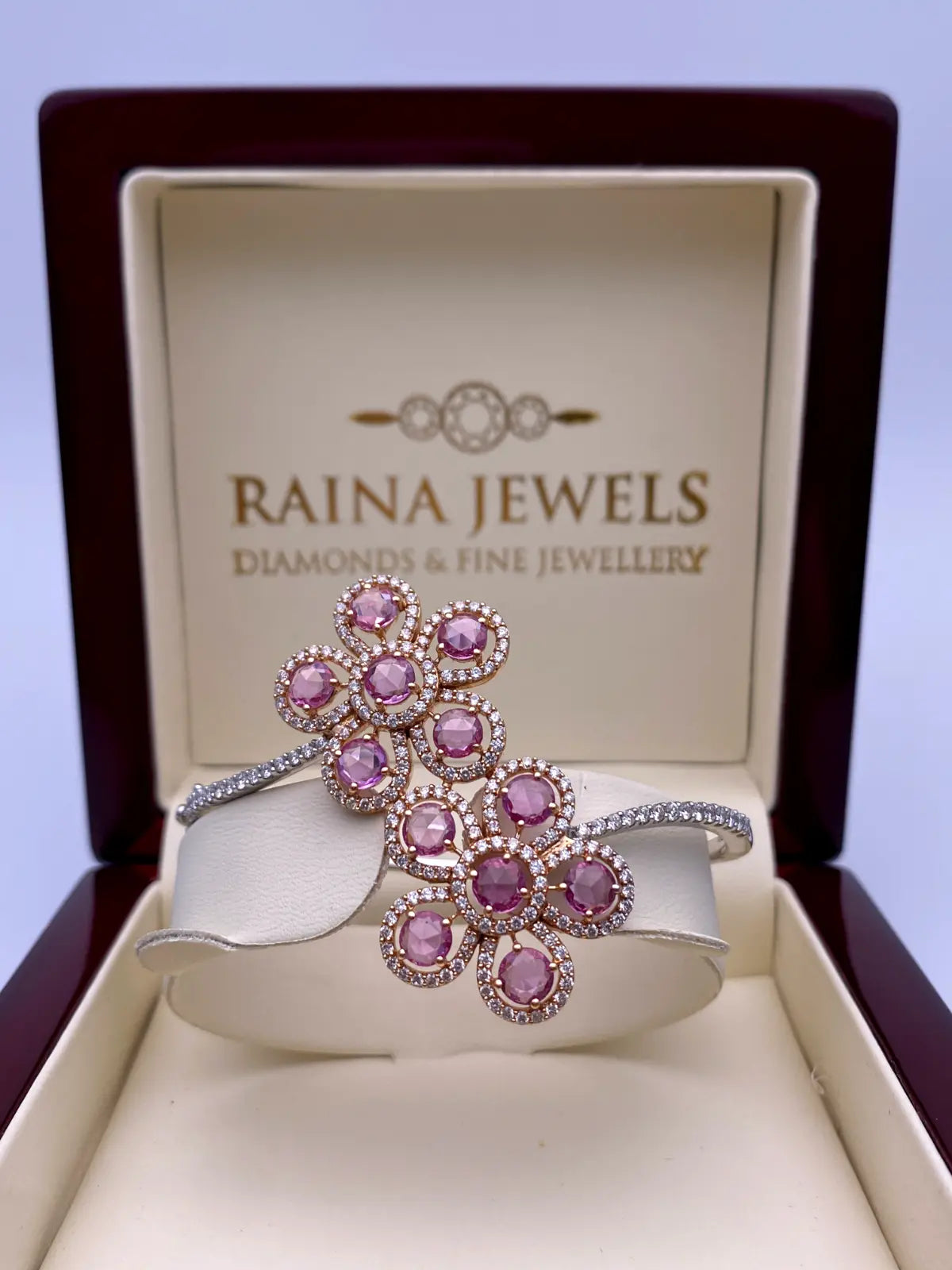 18Carat Rose and White Gold Diamond & Pink Sapphire Hinged Bangle 2.03 carats  Diamond Bracelets