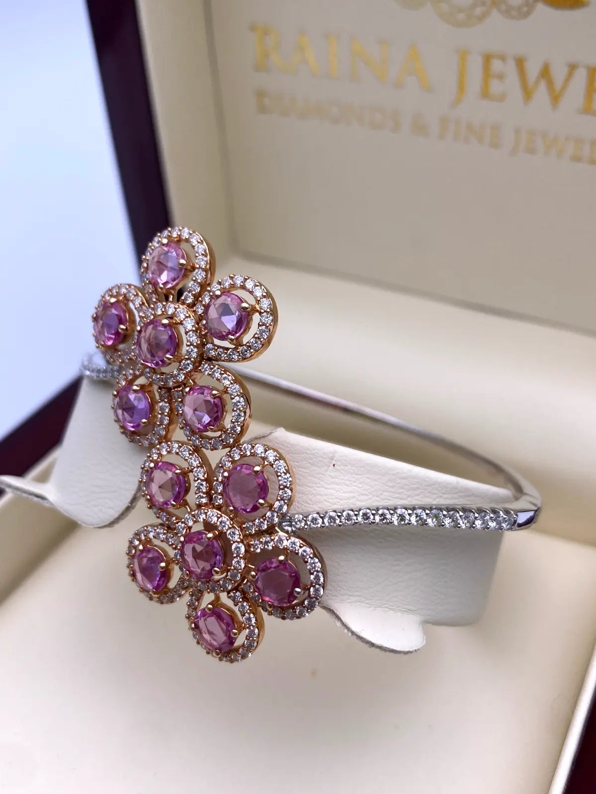 18Carat Rose and White Gold Diamond & Pink Sapphire Hinged Bangle 2.03 carats  Diamond Bracelets