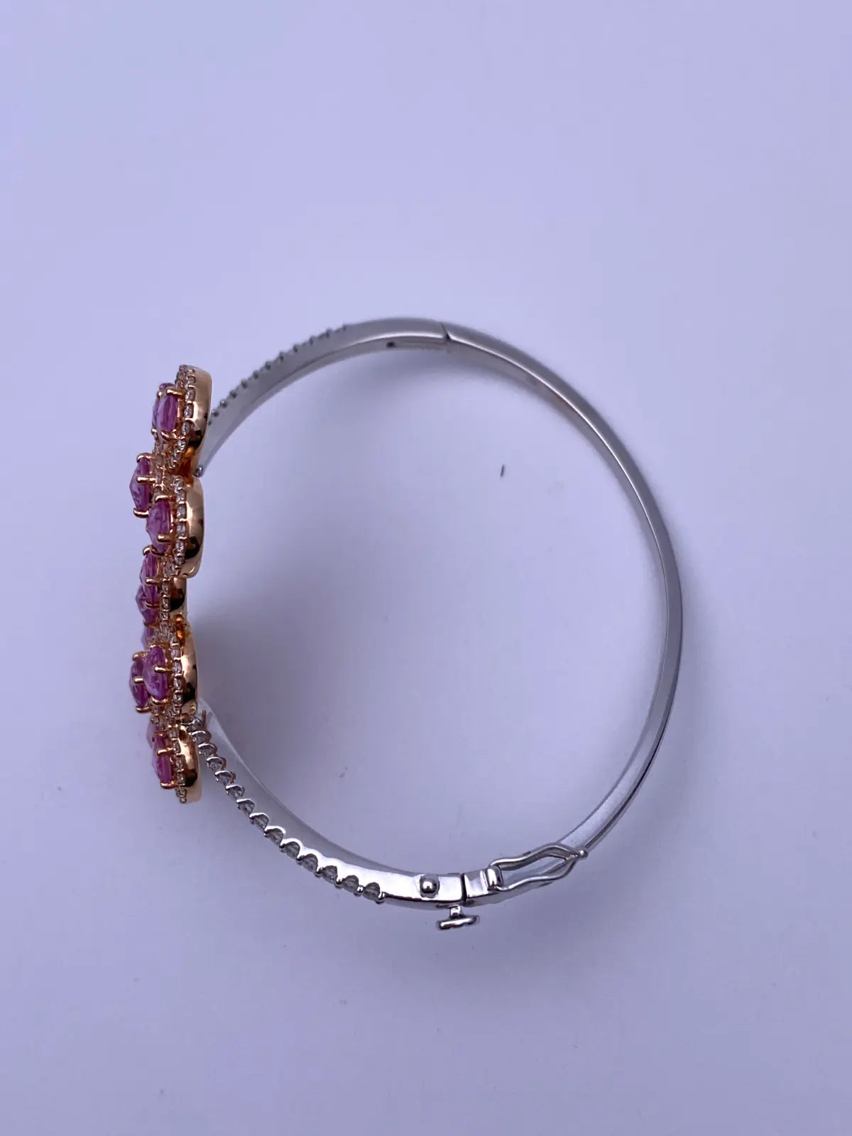 18Carat Rose and White Gold Diamond & Pink Sapphire Hinged Bangle 2.03 carats  Diamond Bracelets