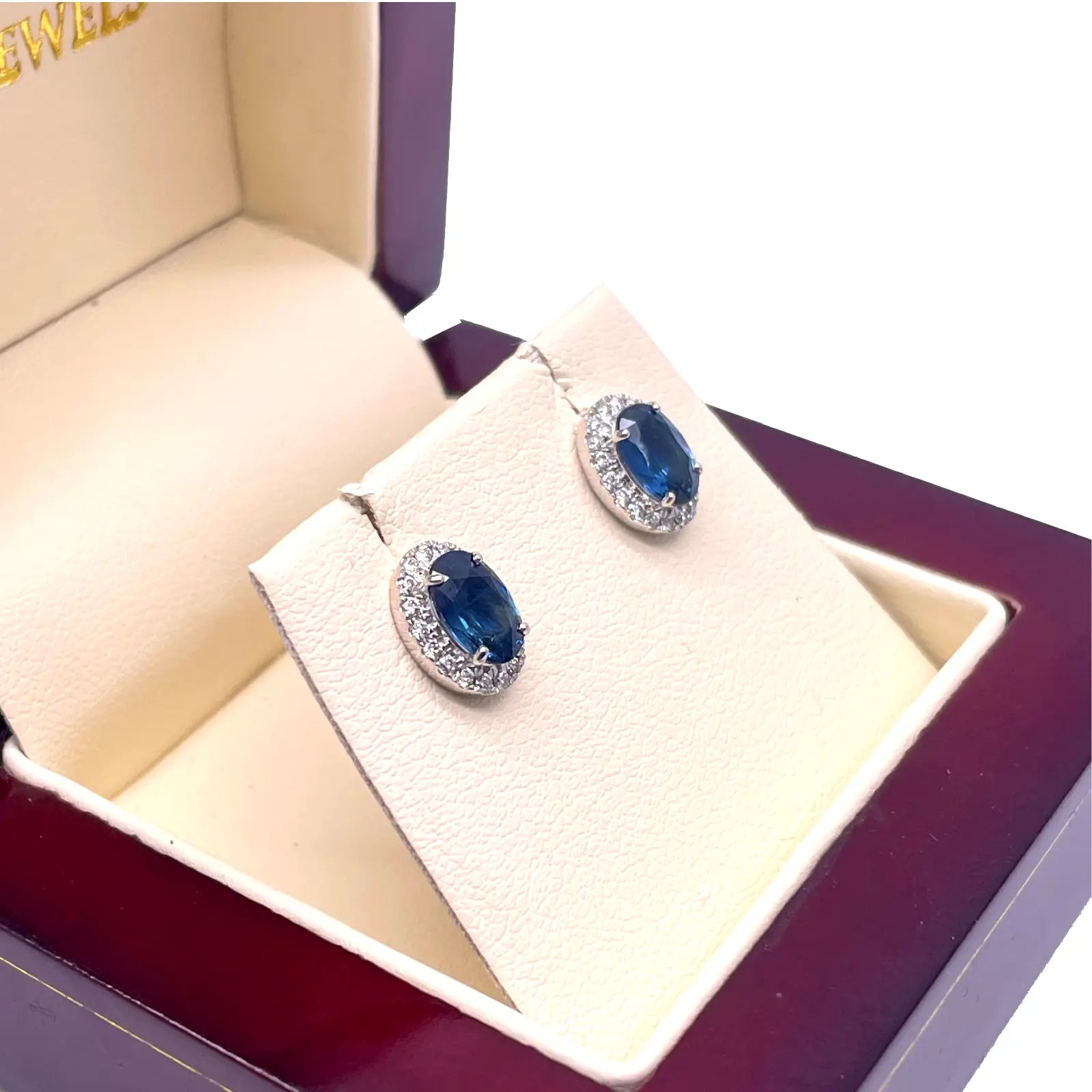 18ct White Gold Natural Oval Blue Sapphire & Diamond Cluster Earrings 0.22ct 
