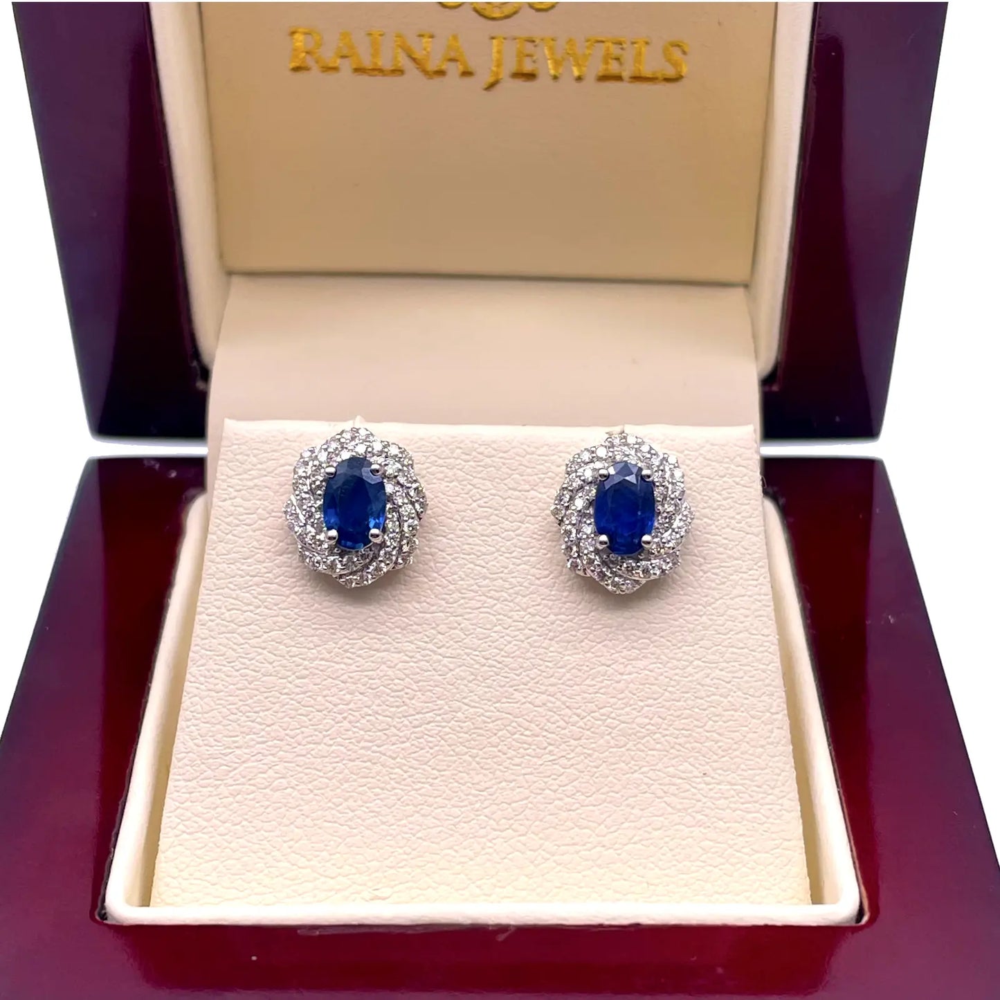 18ct White Gold Natural Oval Blue Sapphire & Diamond Cluster Earrings 0.33ct 