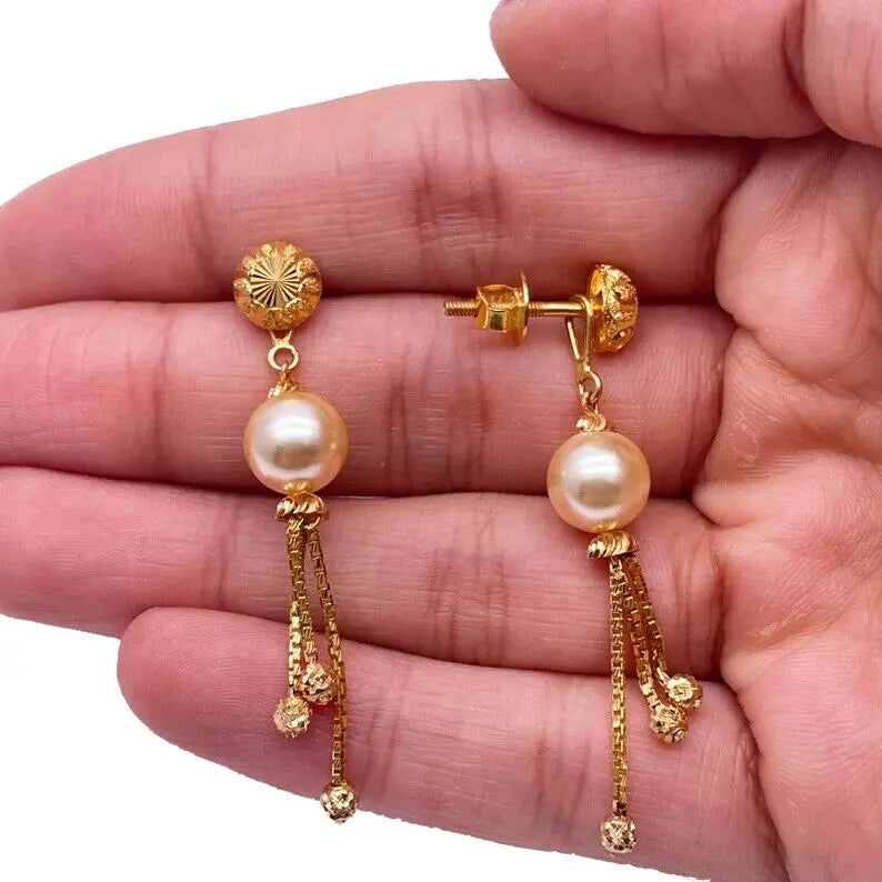 22ct Yellow Gold Pearls & Beaded Diamond Cut Ball Layered Necklace/Earrings Set 