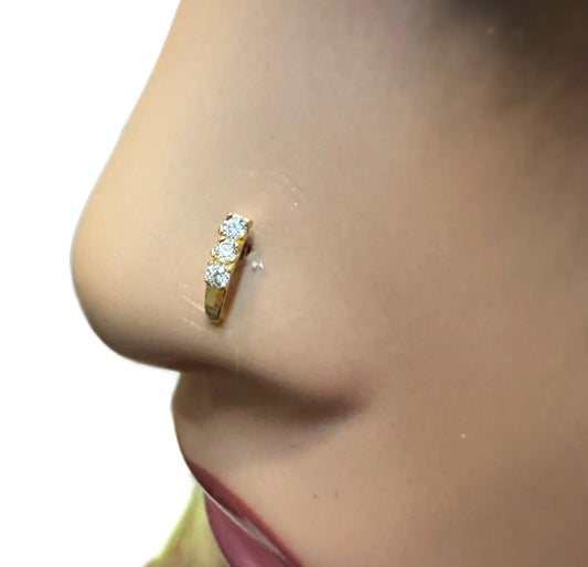 22ct Yellow Gold & Cubic Zirconia Half Hoop Nose Ring Stud Straight Bar 3 Stone 