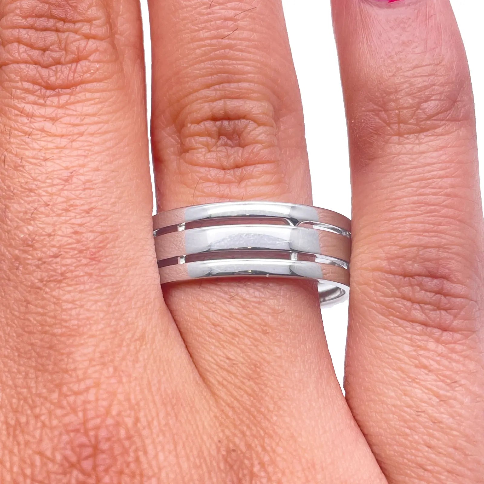 Mens Platinum 7mm Unique Polished 3 Row Cut Out Wedding Band Heavy Weight  Platinum Ring