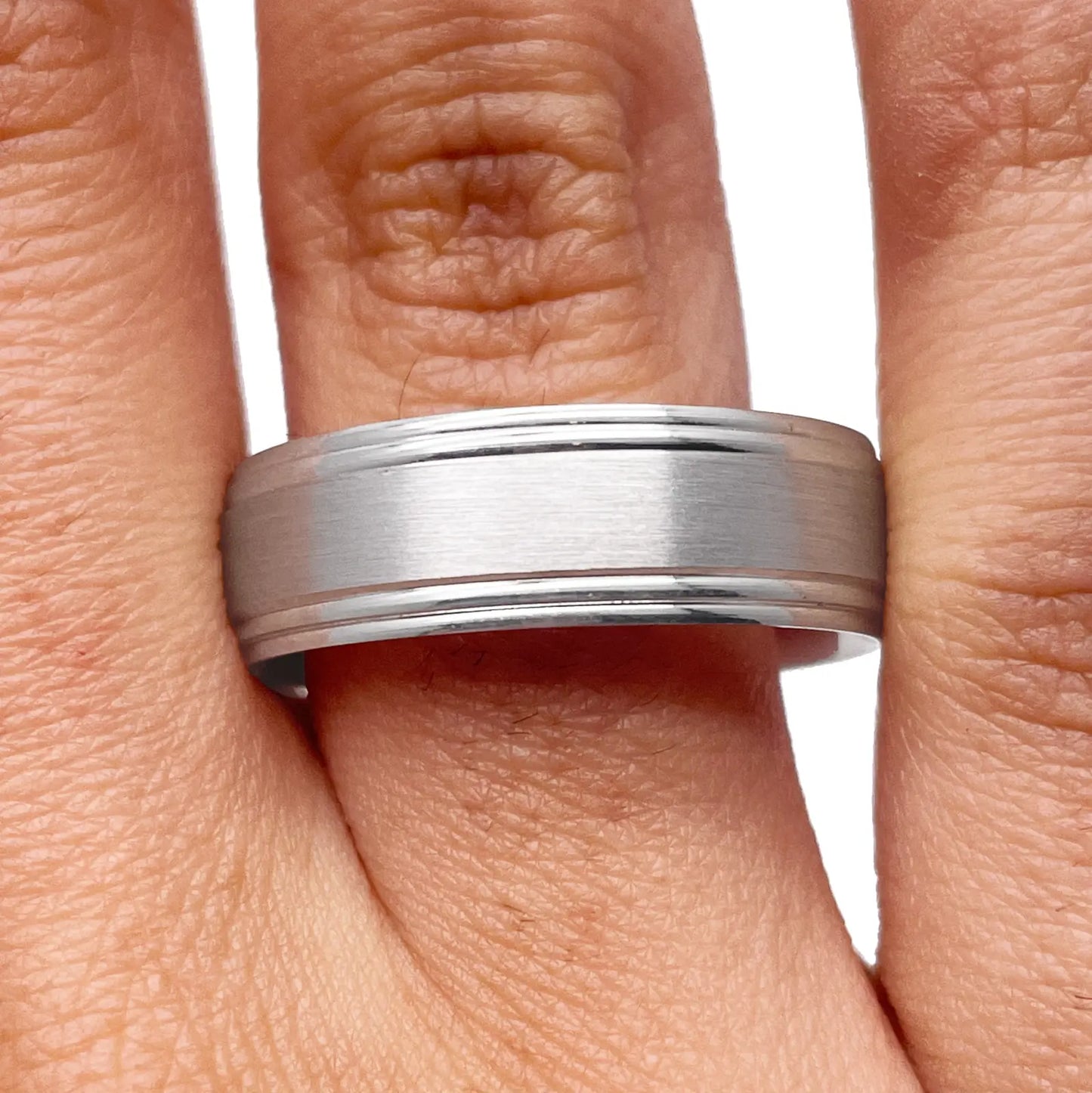 Mens Platinum Wedding Band 7mm Matt Centre & Grooved Edges Heavy Weight  Platinum Ring