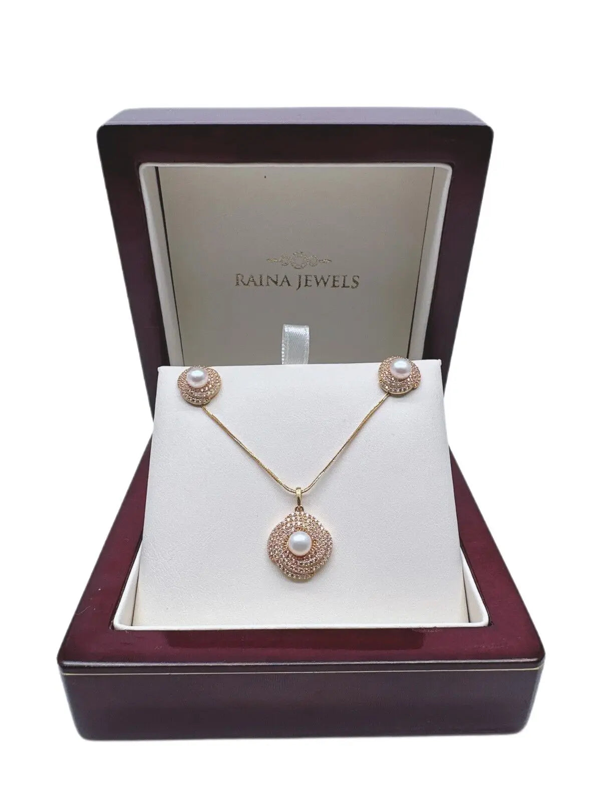22ct Yellow Gold Cubic Zirconia Pearl Earrings & Pendant on 18K Chain Necklace¬†